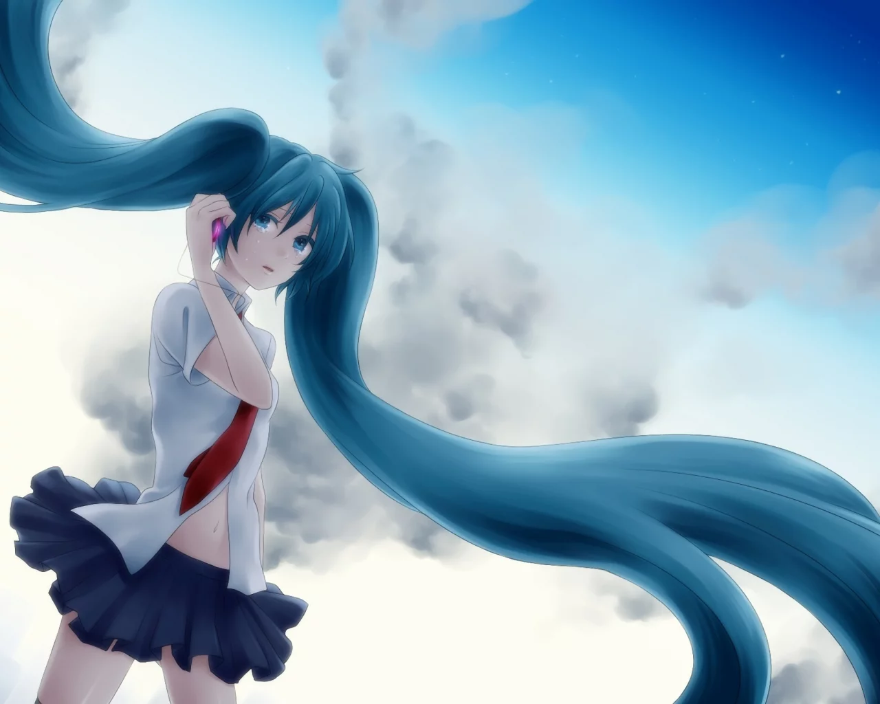 слезы, небо, vocaloid, хвостики, облака, вокалоид, hatsune miku