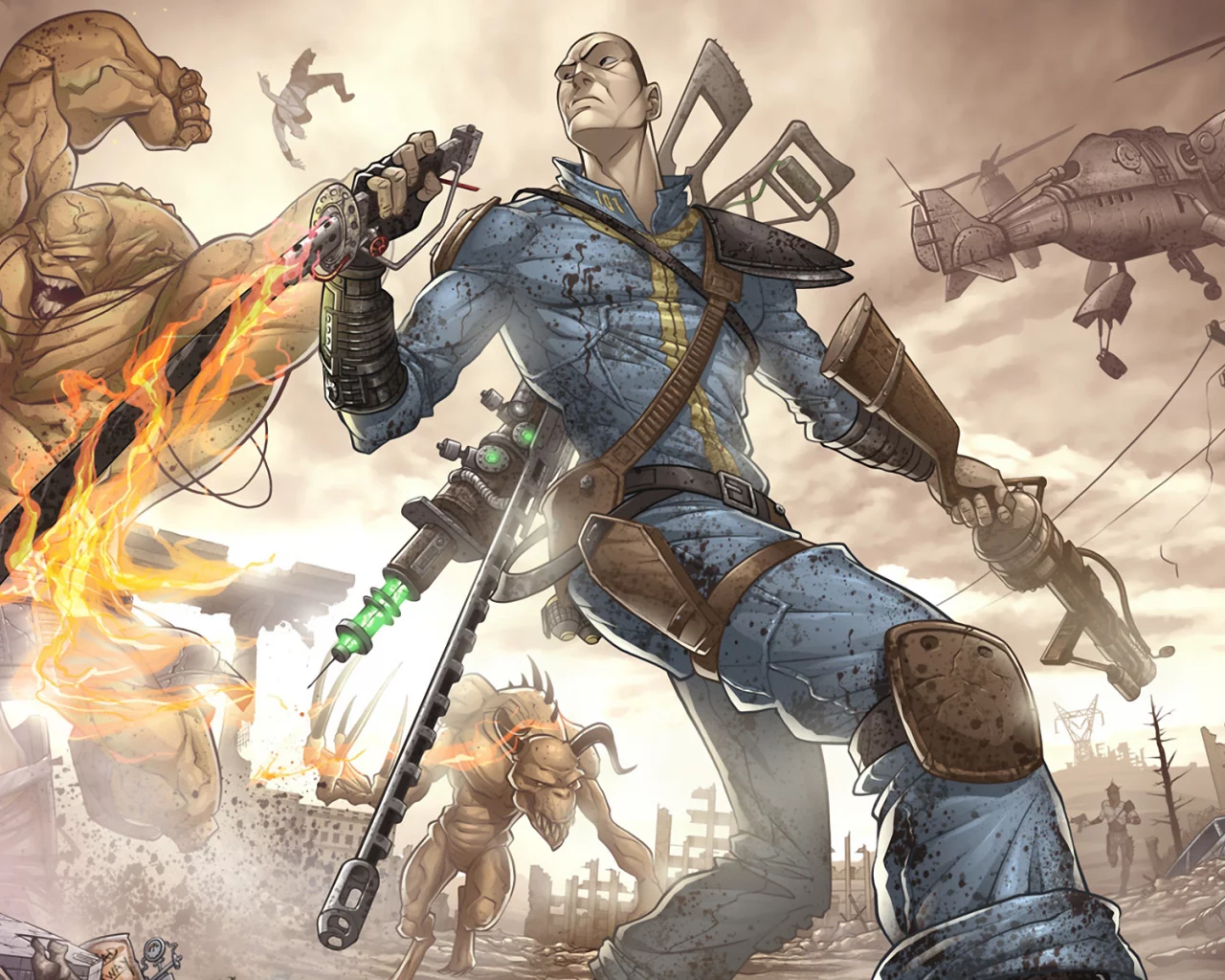 монстр, оружие, бандиты, мужчина, мутант, fallout, руины