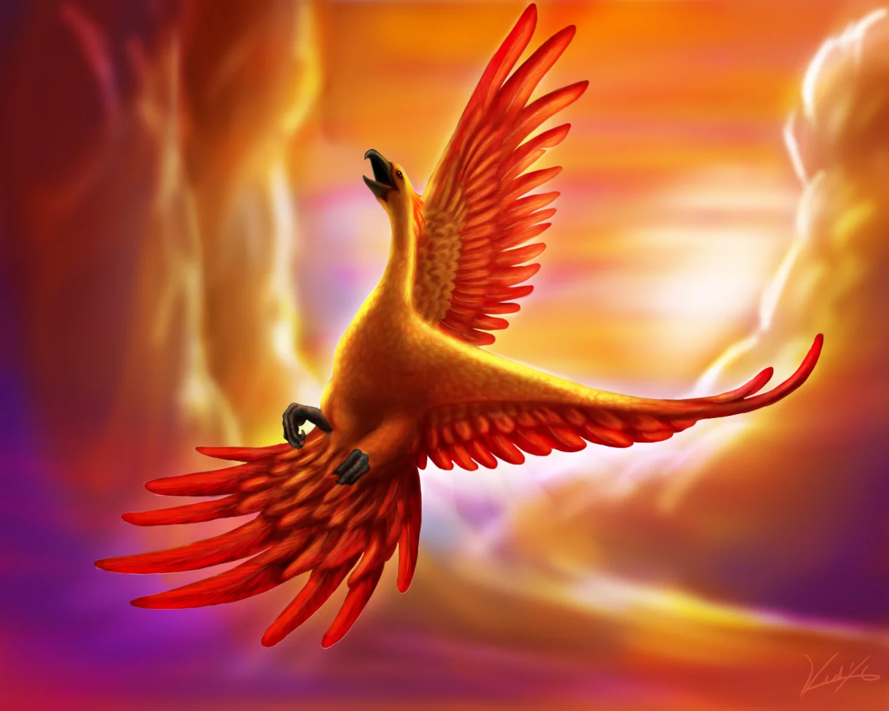goldenphoenix100, существо, феникс, в небе, птица, полет, арт