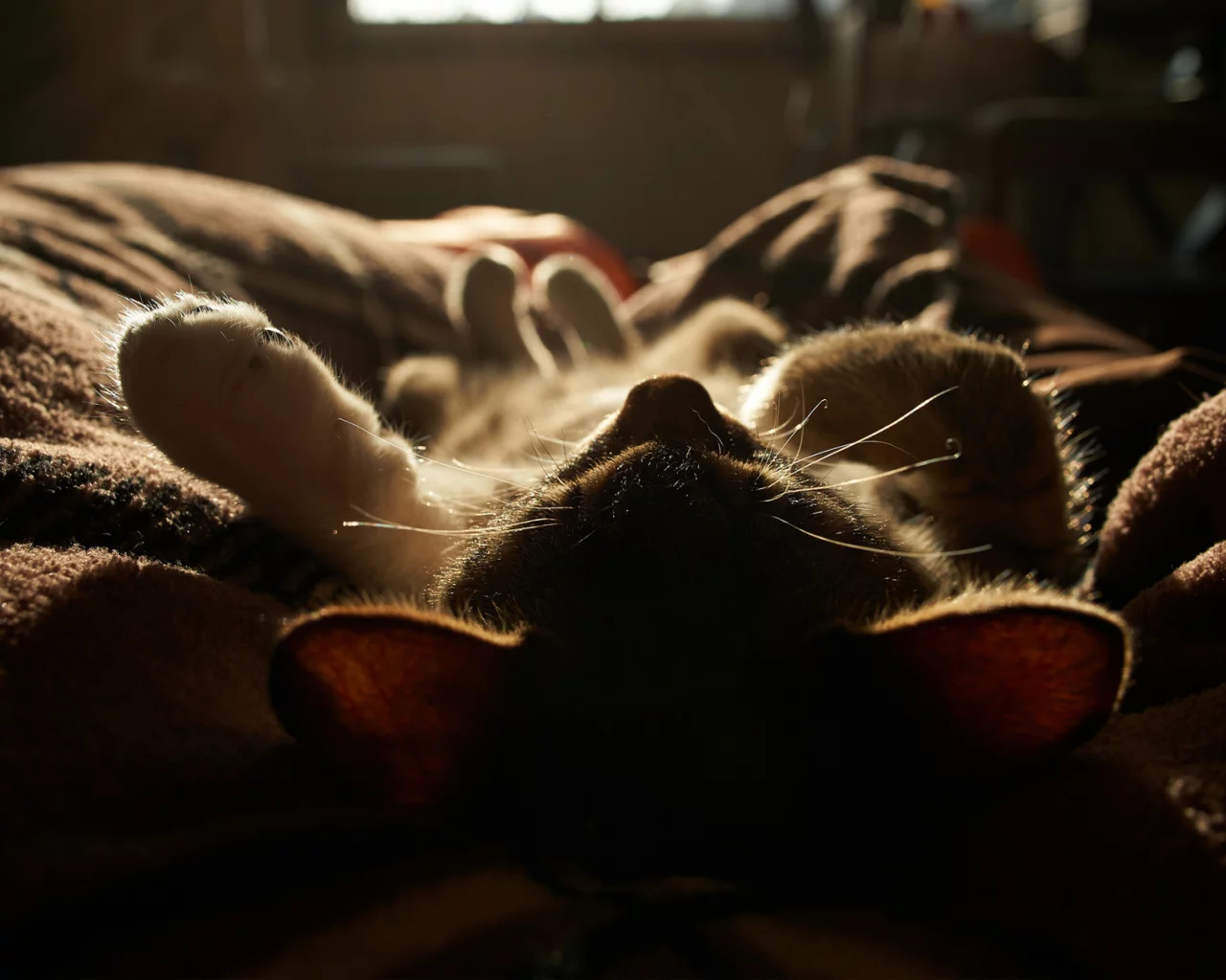 свет, спит, одеяло, котенок, солнце, кот