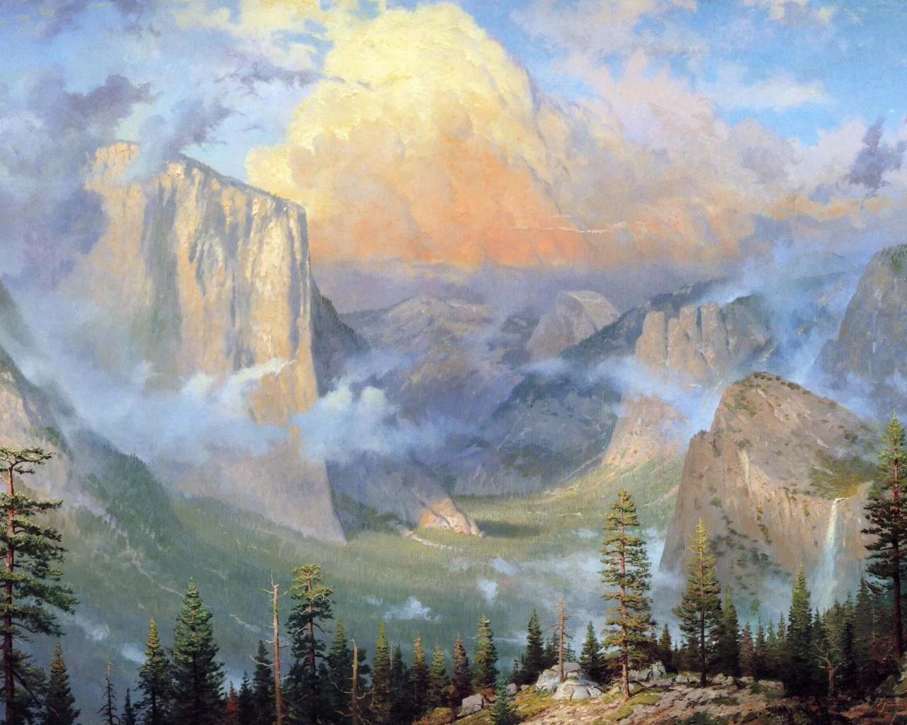 горы, yosemite valley artists point, природа, живопись, лес, thomas kinkade