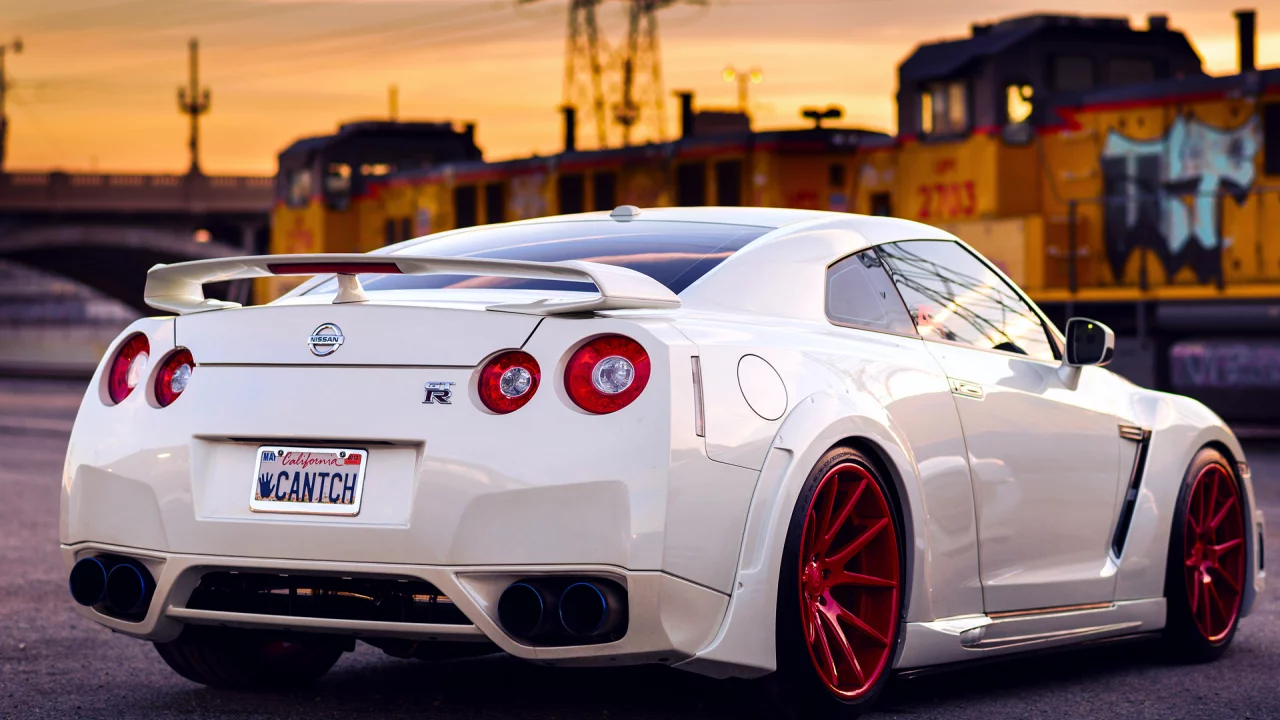 небо, задом, закат, gt-r, красные, белый, nissan, диски, поезд