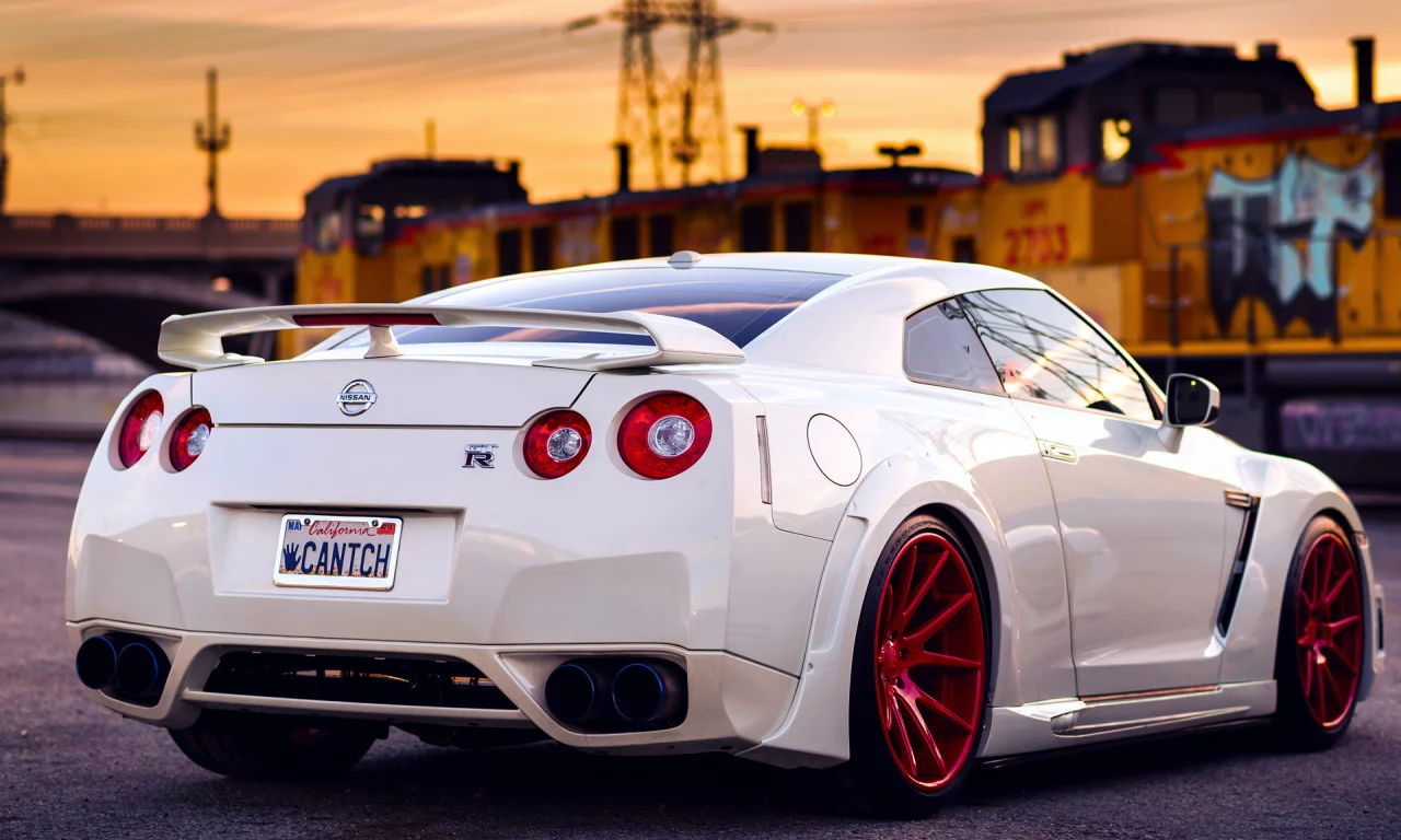 небо, задом, закат, gt-r, красные, белый, nissan, диски, поезд
