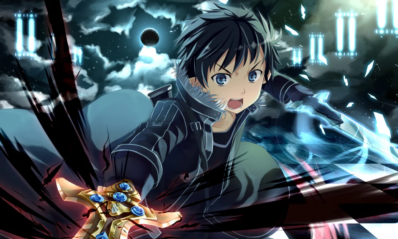 шахматка, луна, парень, оружие, меч, sword art online, арт