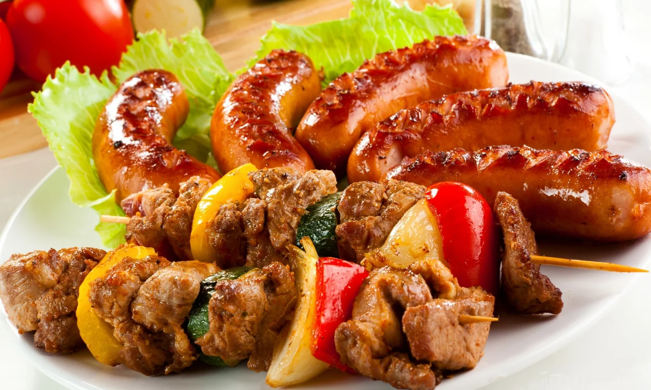 lemon, шашлык, мясо, greens, tomato, fried, cucumber, meat, cabbage, sausages, vegetables