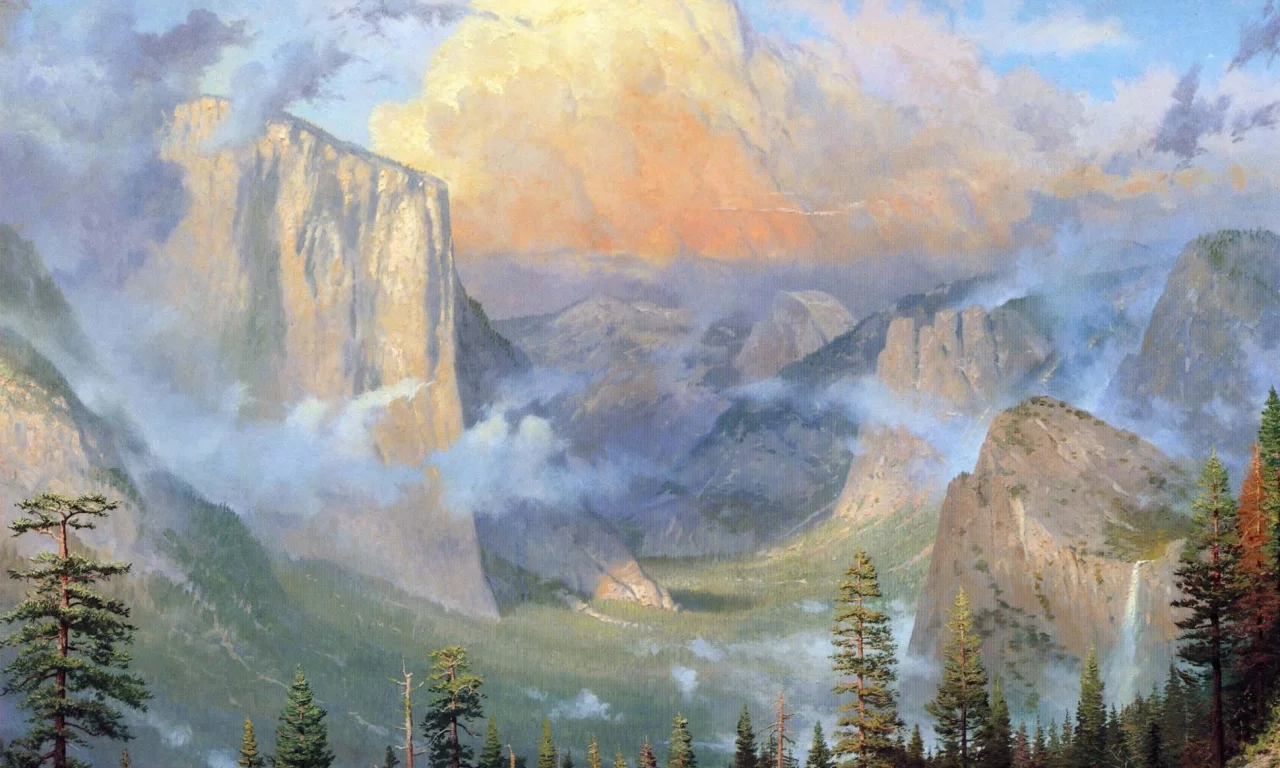 горы, yosemite valley artists point, природа, живопись, лес, thomas kinkade