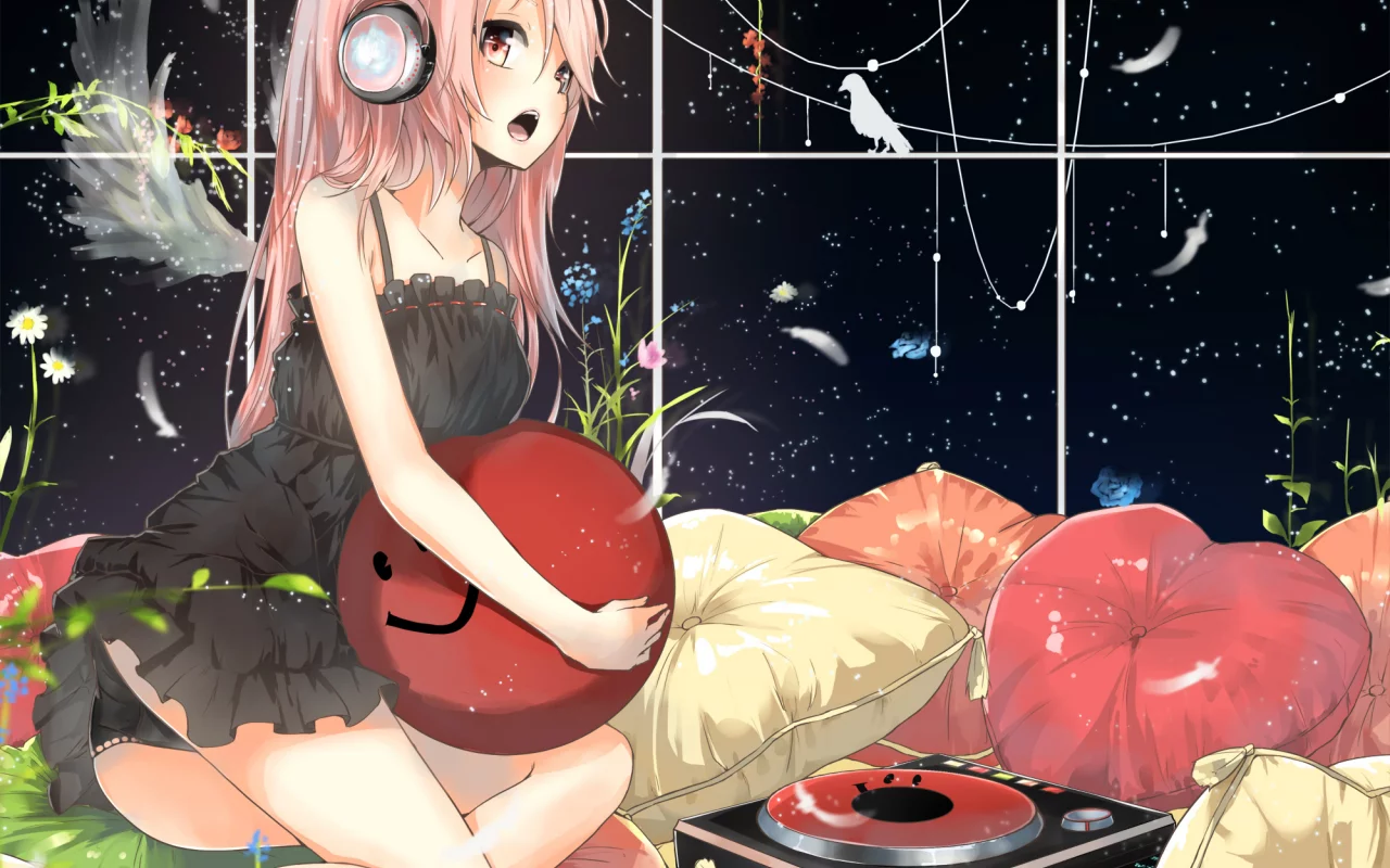 megurine luka, арт, девушка, vocaloid, подушки, la-na, наушники