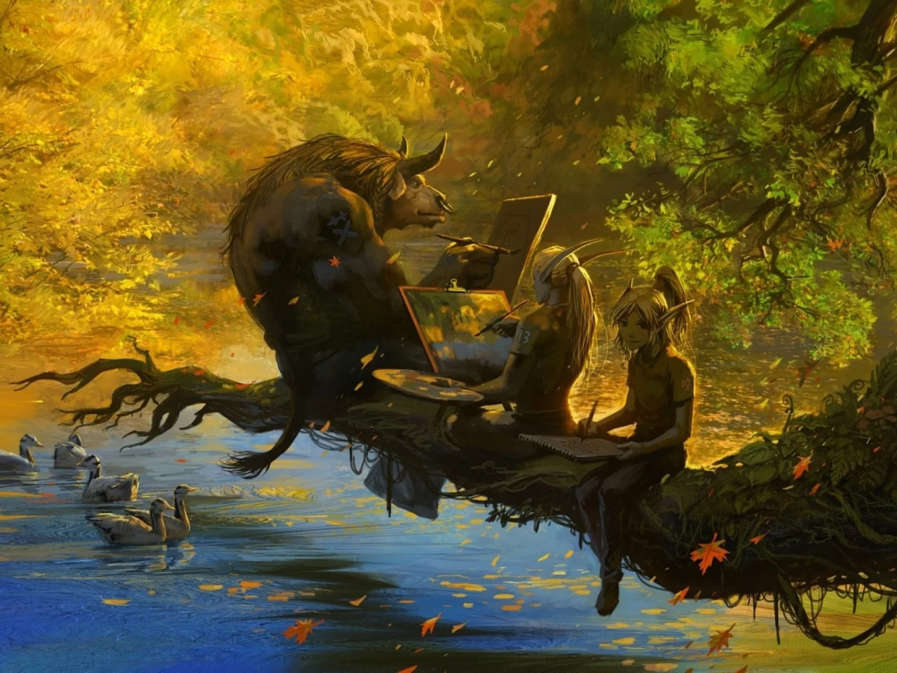 wow, листопад, world of warcraft, эльфы, озеро, осень, ветка