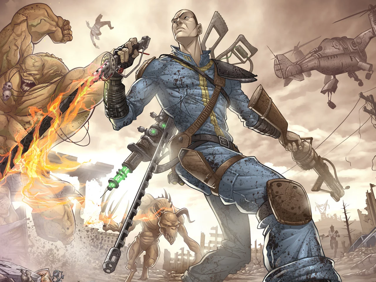 монстр, оружие, бандиты, мужчина, мутант, fallout, руины