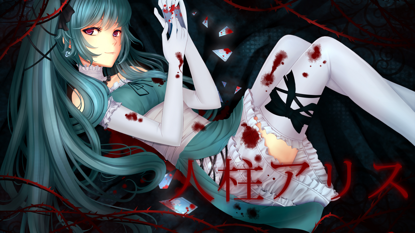 Картинка на рабочий стол hitobashira alice, hatsune miku, vocaloid, жертвоприношение  алисы, кровь 1366 x 768