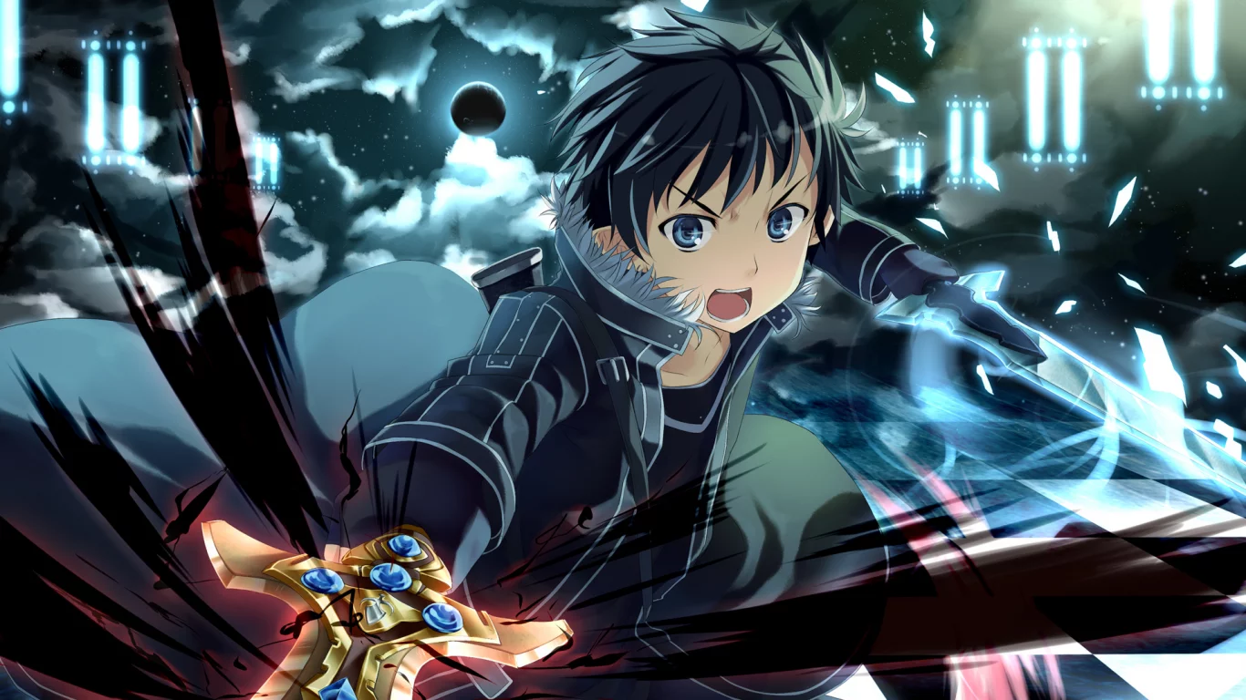 шахматка, луна, парень, оружие, меч, sword art online, арт