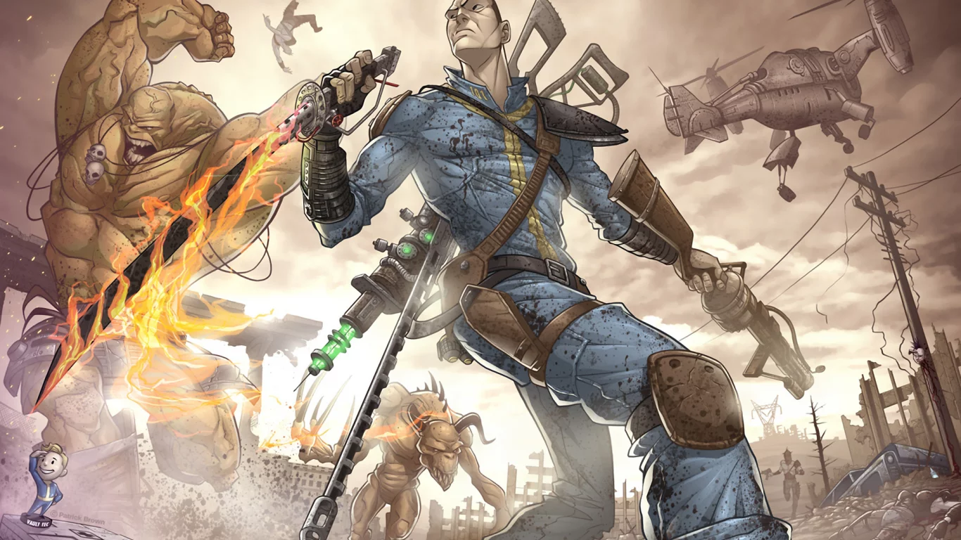 монстр, оружие, бандиты, мужчина, мутант, fallout, руины
