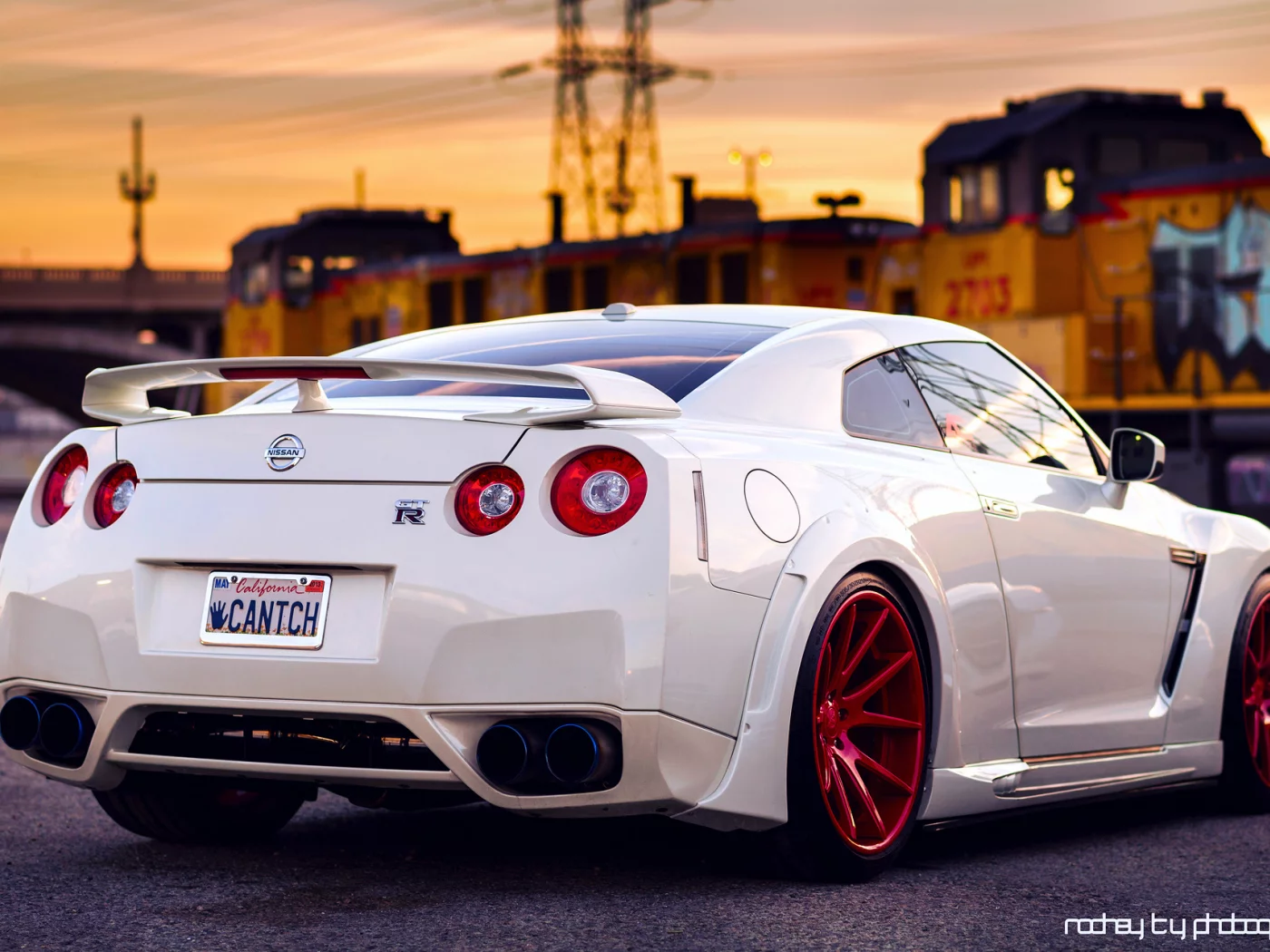 небо, задом, закат, gt-r, красные, белый, nissan, диски, поезд