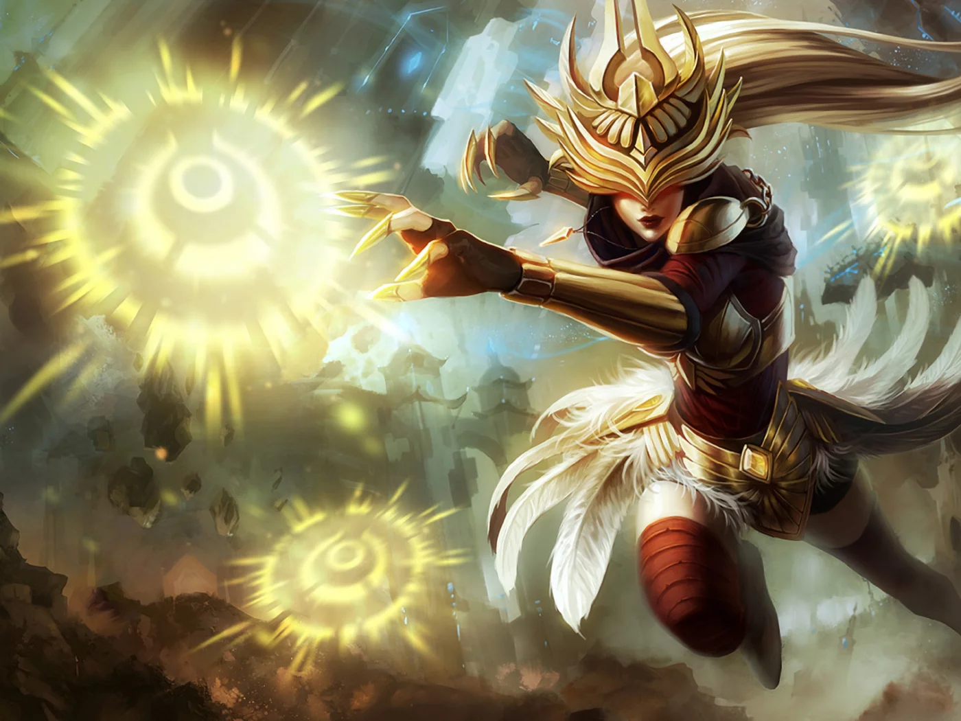 девушка, доспехи, магия, syndra, lol, league of legends, перья