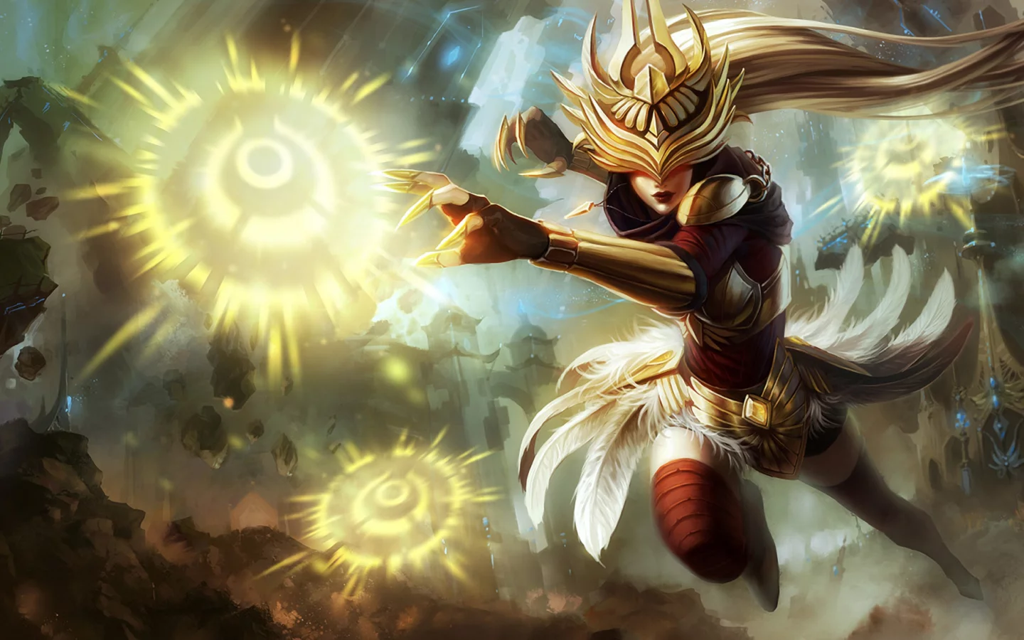 девушка, доспехи, магия, syndra, lol, league of legends, перья