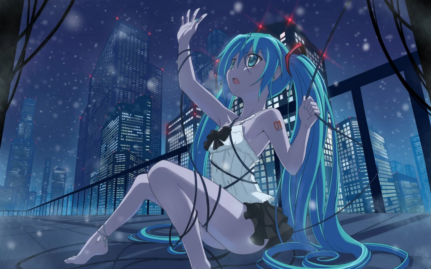 провод, вокалоид, девушка, город, сидя, hatsune miku, vocaloid
