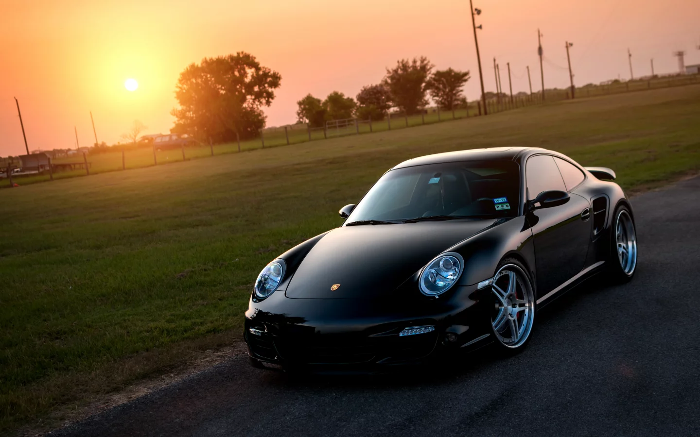 911, front, блик, порше, чёрный, солнце, porsche, black, газон, 997, turbo