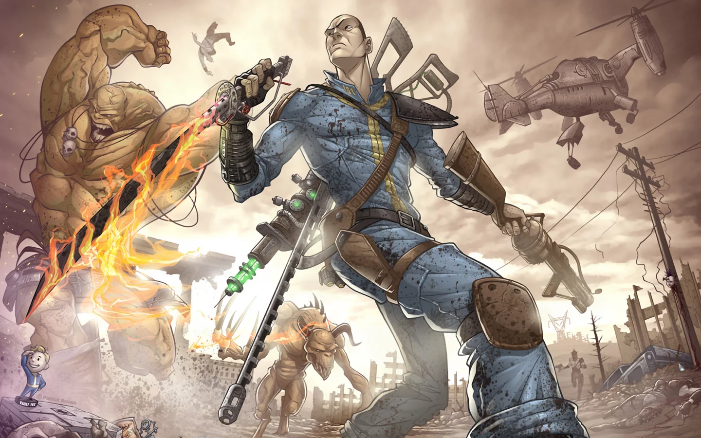 монстр, оружие, бандиты, мужчина, мутант, fallout, руины