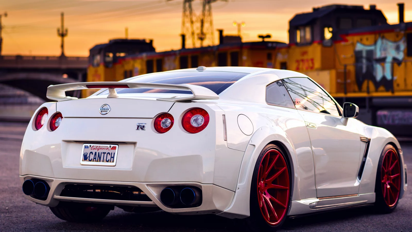 небо, задом, закат, gt-r, красные, белый, nissan, диски, поезд