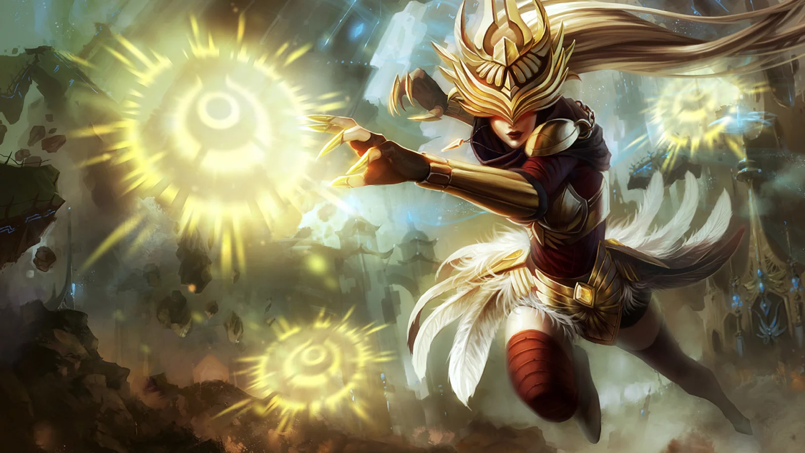 девушка, доспехи, магия, syndra, lol, league of legends, перья
