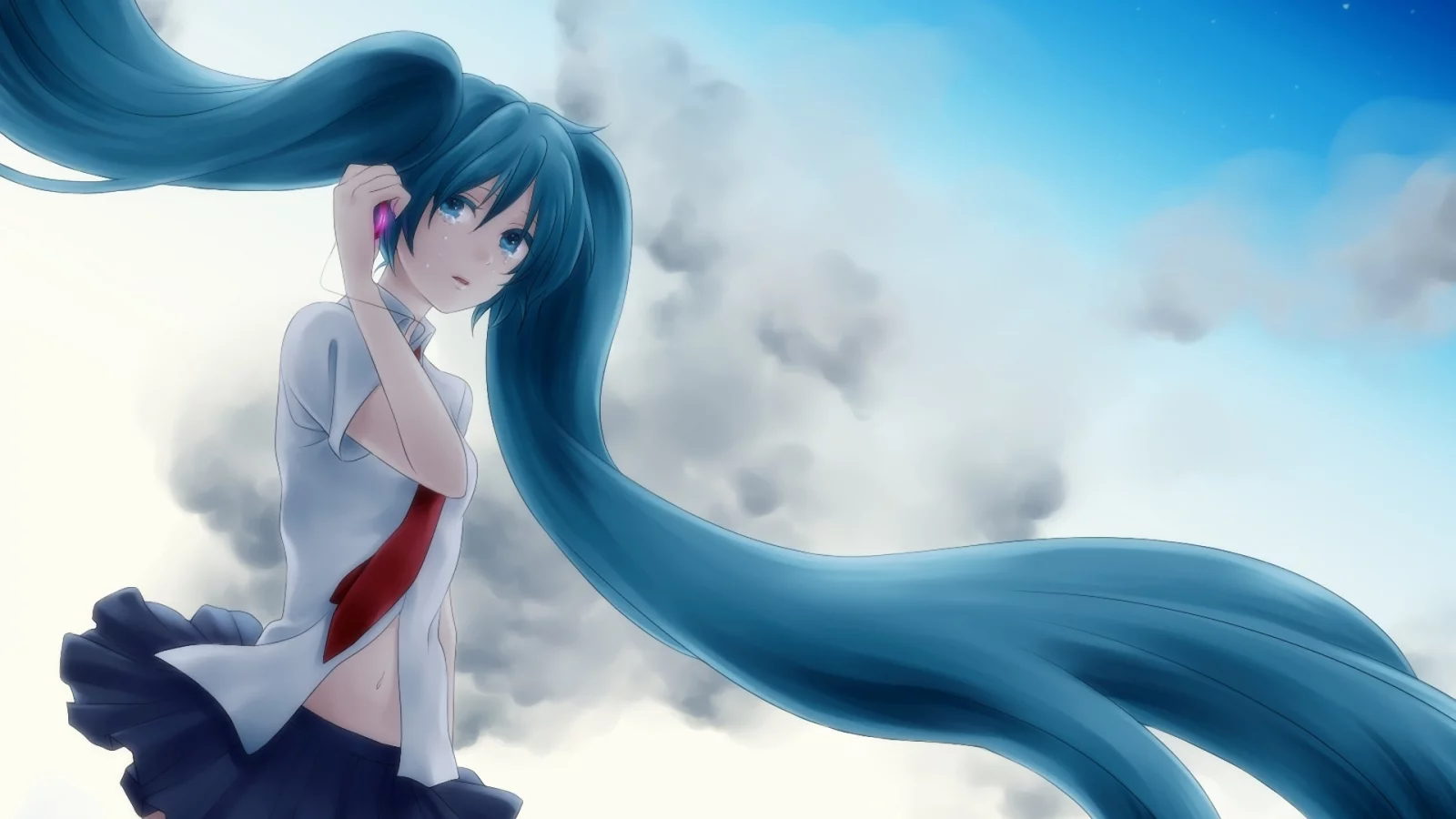 слезы, небо, vocaloid, хвостики, облака, вокалоид, hatsune miku