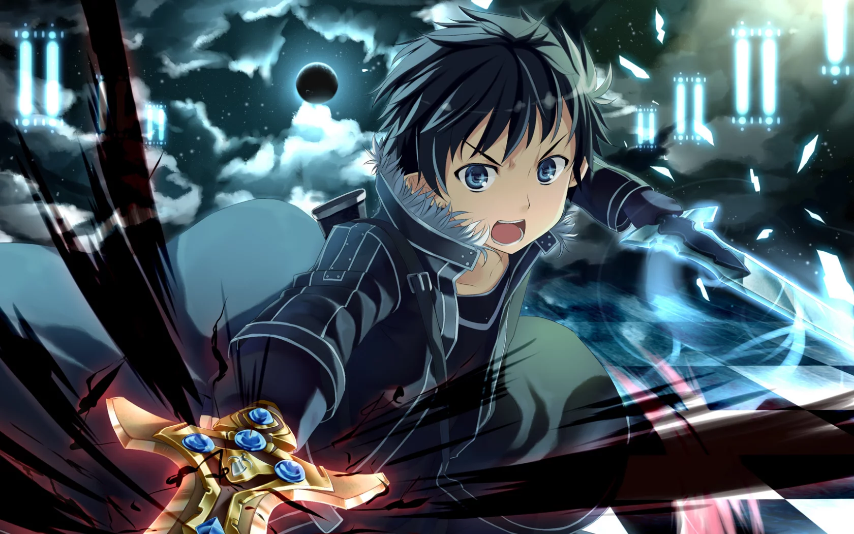 шахматка, луна, парень, оружие, меч, sword art online, арт