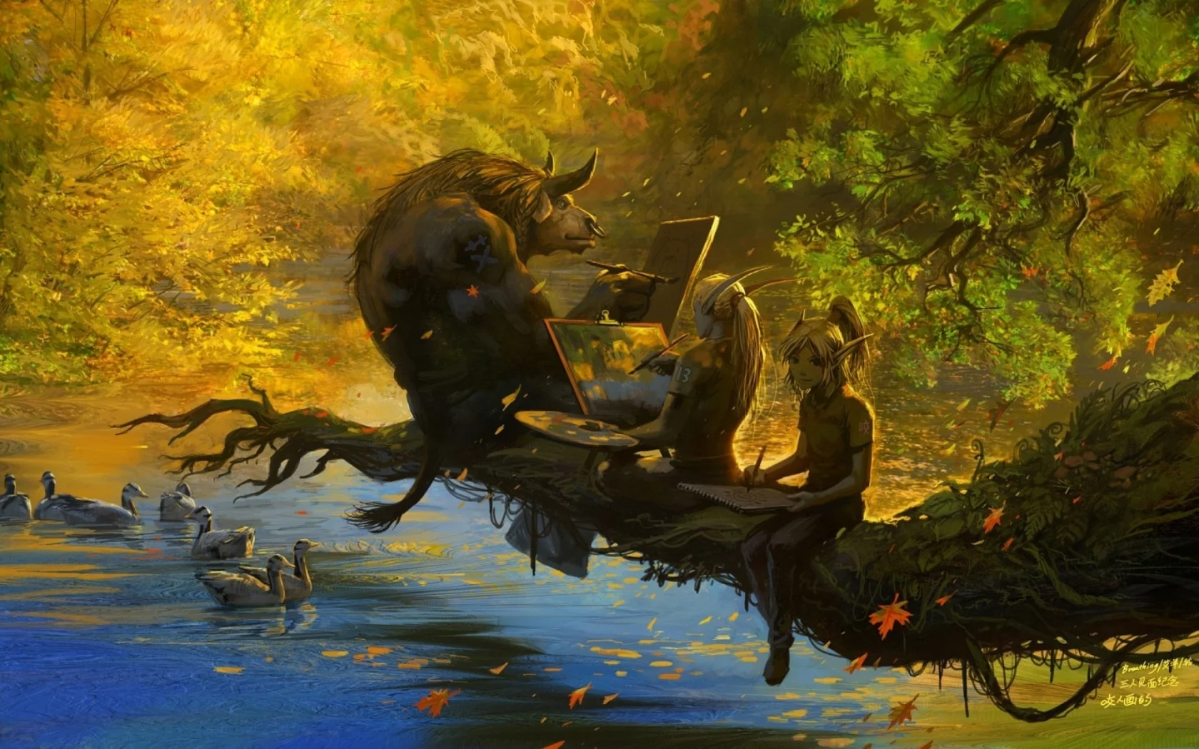 wow, листопад, world of warcraft, эльфы, озеро, осень, ветка
