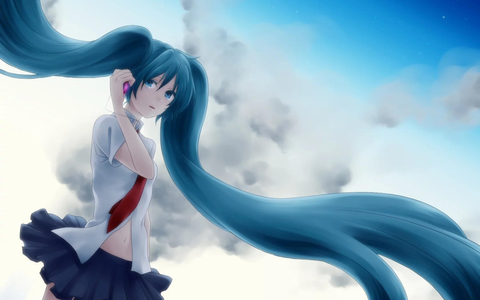 слезы, небо, vocaloid, хвостики, облака, вокалоид, hatsune miku