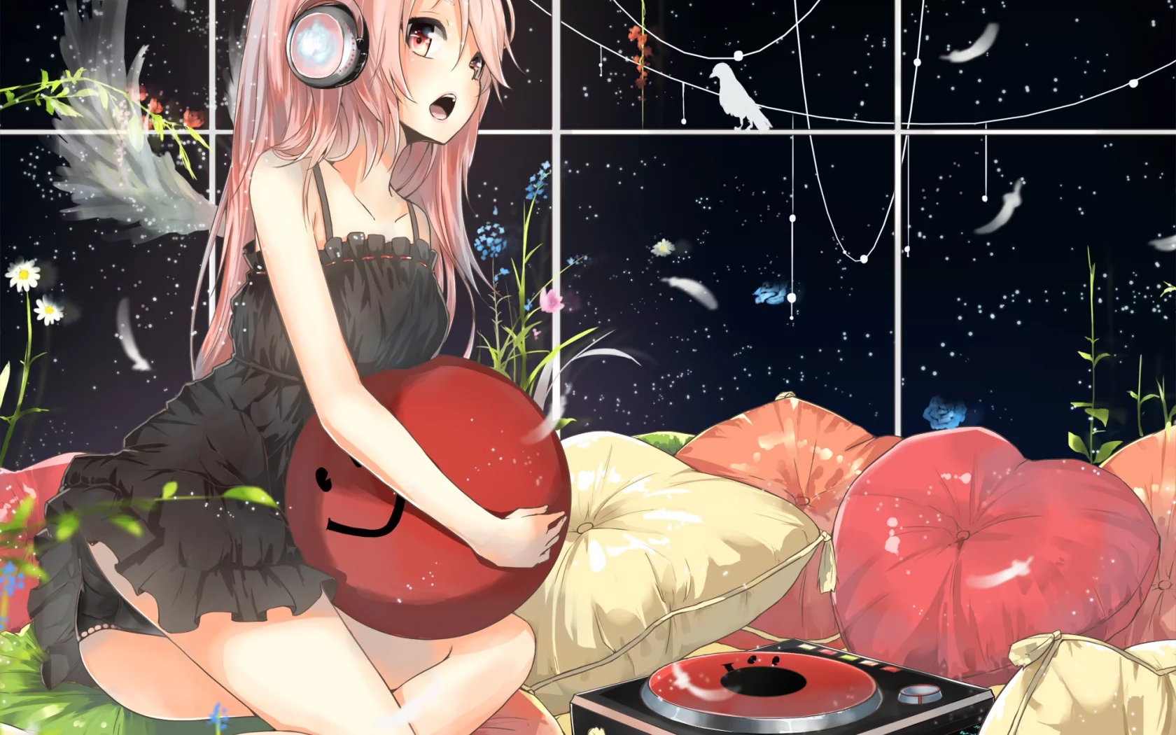 megurine luka, арт, девушка, vocaloid, подушки, la-na, наушники