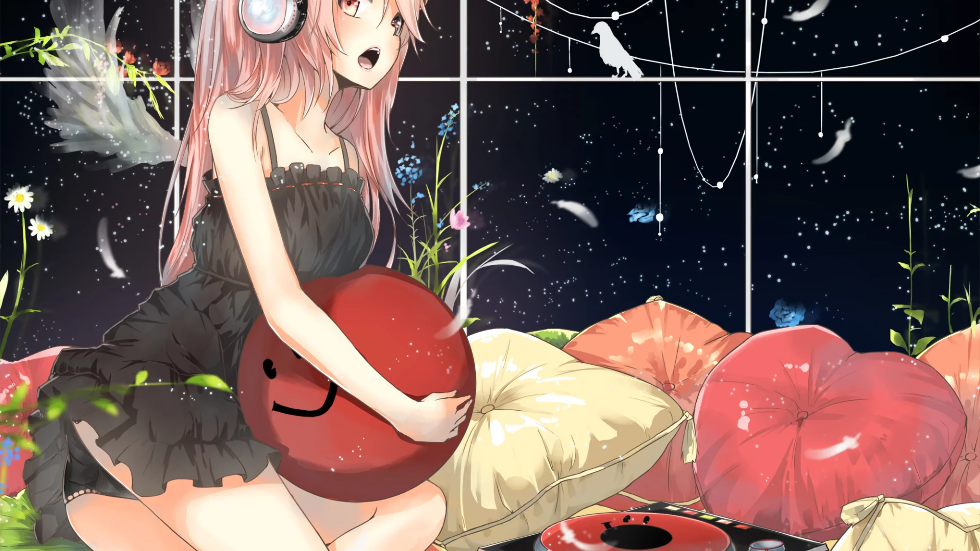 megurine luka, арт, девушка, vocaloid, подушки, la-na, наушники