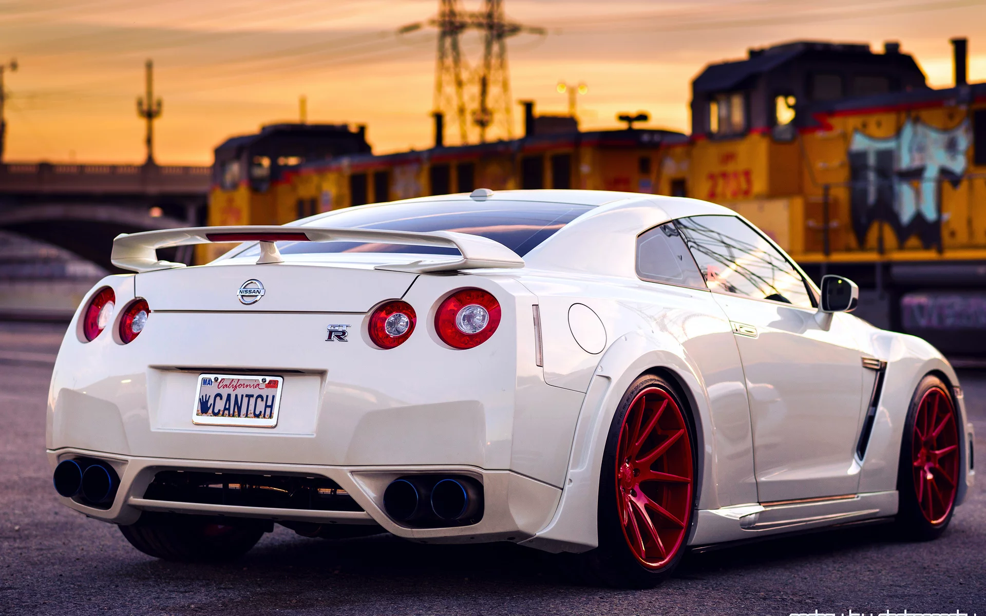 небо, задом, закат, gt-r, красные, белый, nissan, диски, поезд