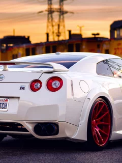 небо, задом, закат, gt-r, красные, белый, nissan, диски, поезд
