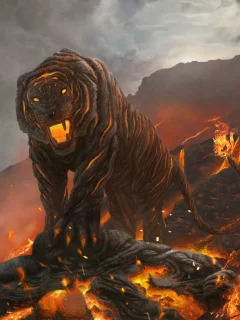 кошка, горы, огонь, тигр, пасть, лава, арт