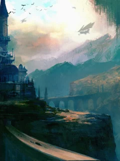 корабль, арт, здание, горы, небо, фантастика, дерево