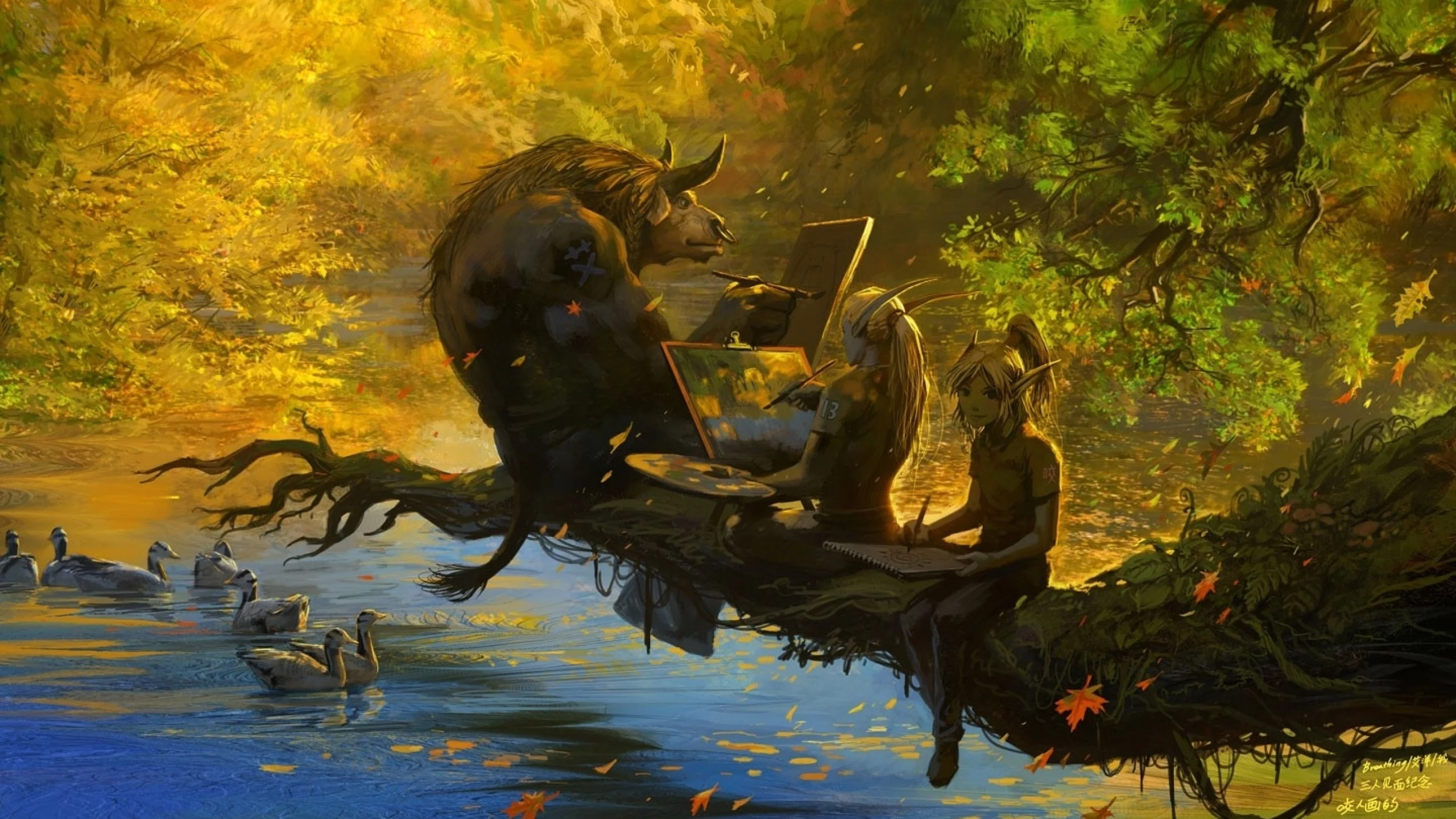 wow, листопад, world of warcraft, эльфы, озеро, осень, ветка