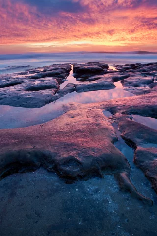камни, закат, море, вода