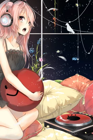 megurine luka, арт, девушка, vocaloid, подушки, la-na, наушники