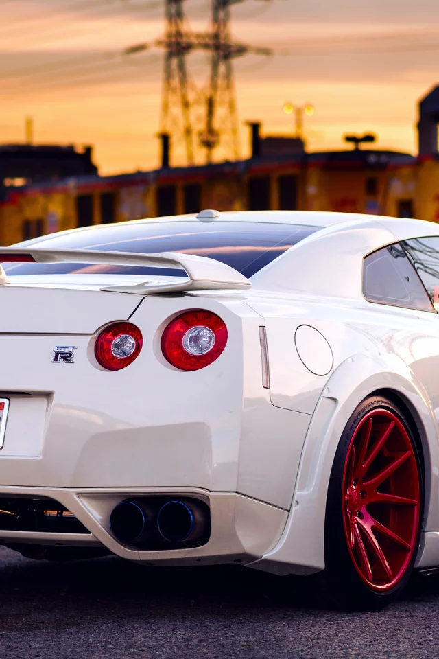 небо, задом, закат, gt-r, красные, белый, nissan, диски, поезд