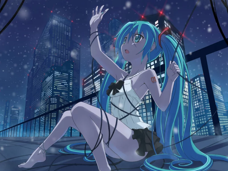 провод, вокалоид, девушка, город, сидя, hatsune miku, vocaloid