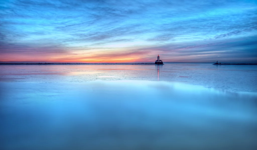 голубое, море, закат, вода, маяк, гладь, вечер