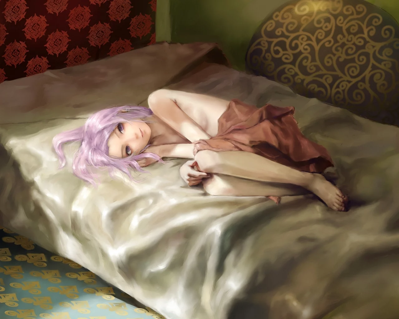 постель, gou noojisan, лежа, арт, gasai yuno, mirai nikki , девочка
