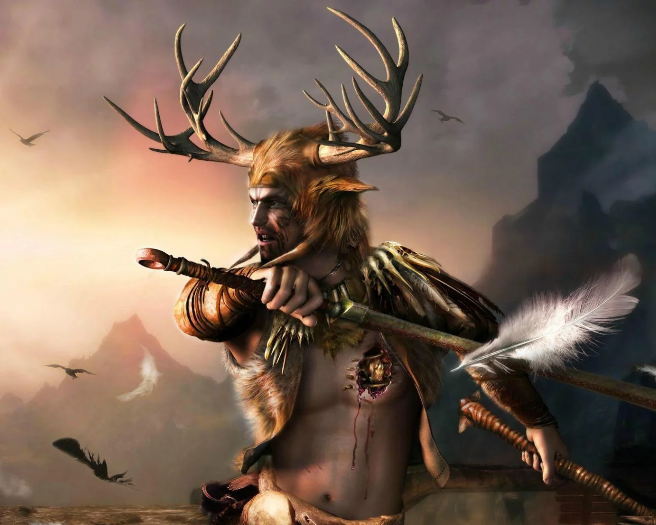 мужчина, the elder scrolls, оружие, шлем, skyrim, рога, броня
