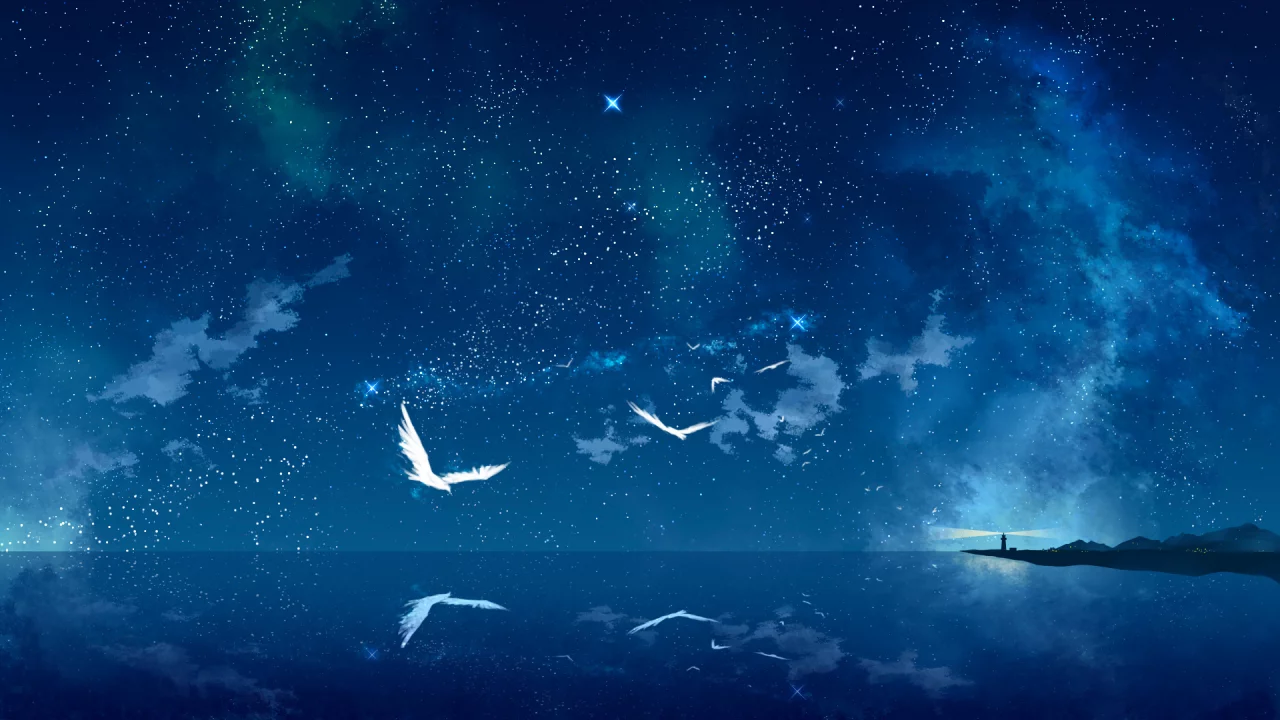 арт, море, звездное небо, маяк, птицы, ночь, tokumu kyuu