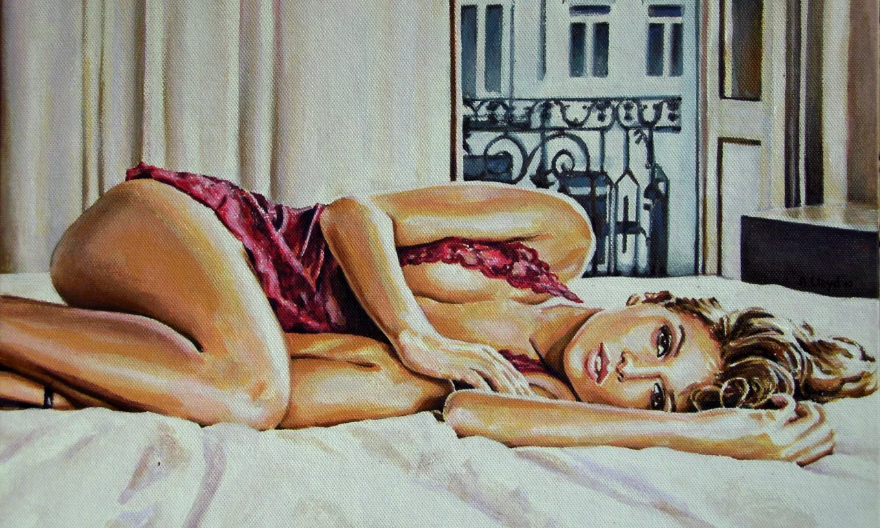 девушка, губы, макияж, лицо, живопись, кровать, взгляд