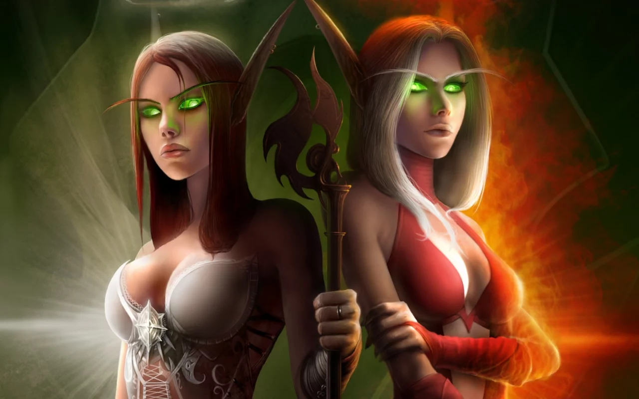 эльфийки, wow, горящие глаза, костюмы, world of warcraft, посох