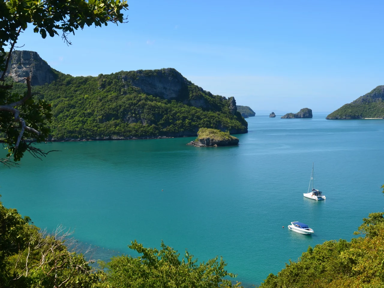 тайланд, океан, горы, thailand, деревья, катер, море