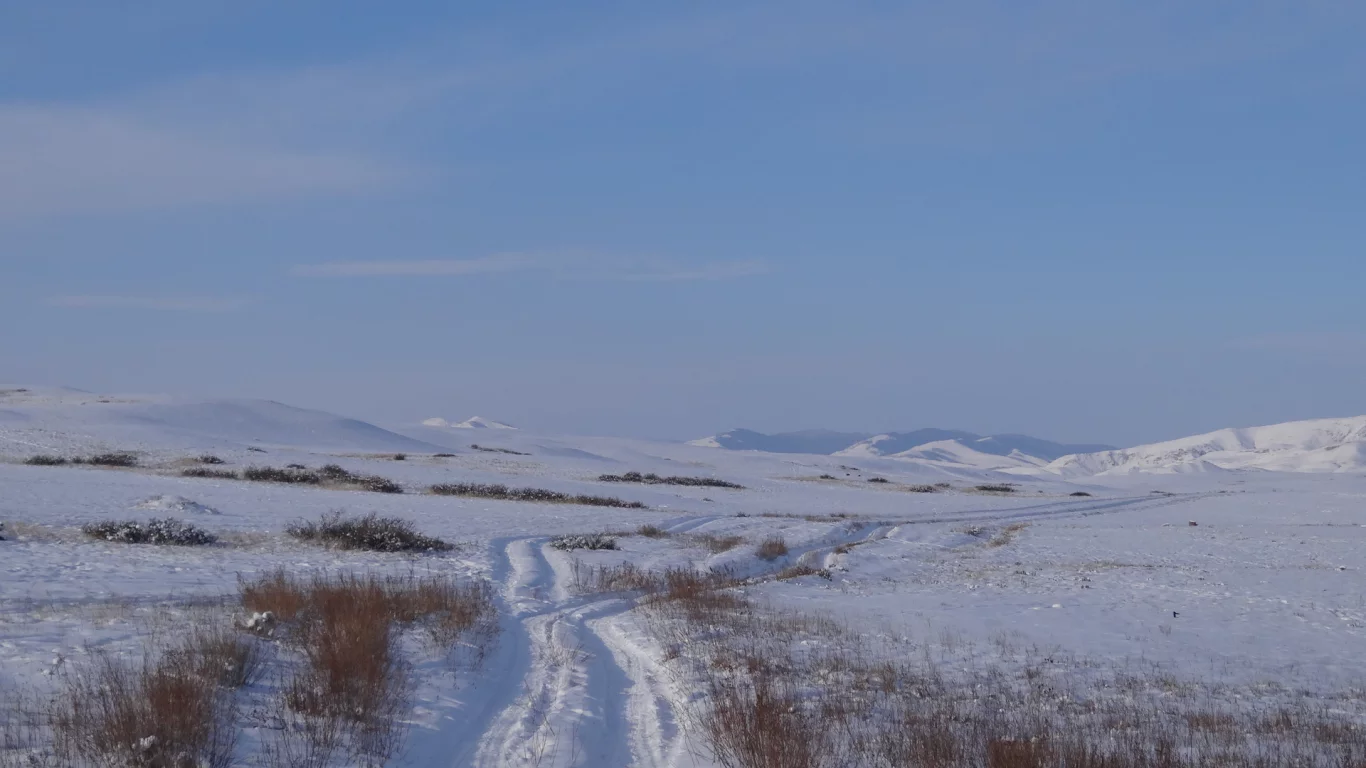 тува, сопки, дорога, зима, снег, мороз