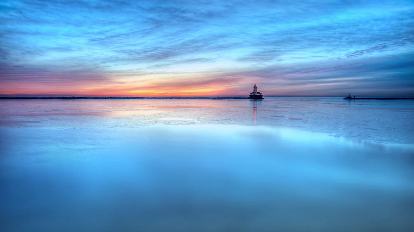 голубое, море, закат, вода, маяк, гладь, вечер