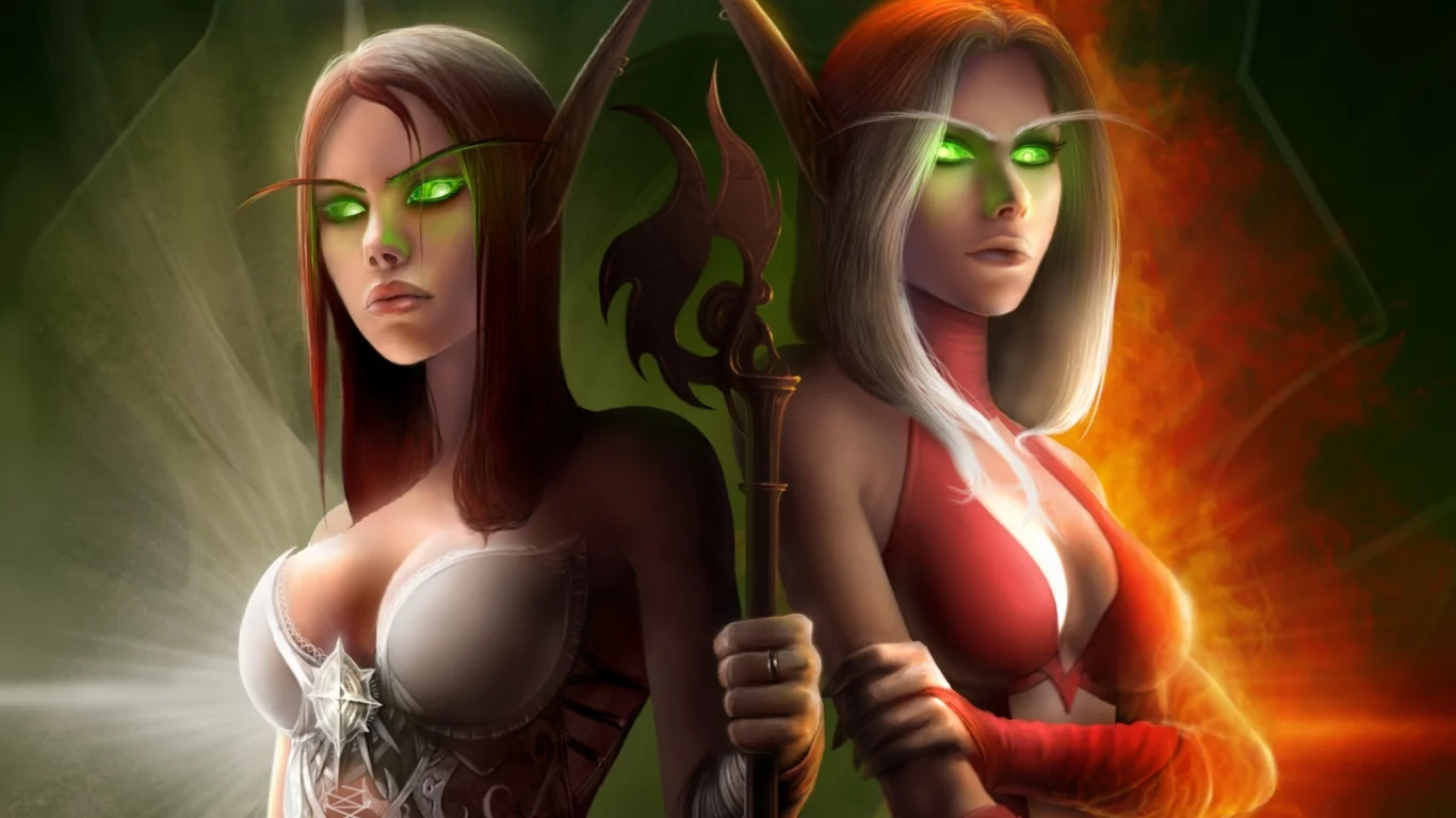 эльфийки, wow, горящие глаза, костюмы, world of warcraft, посох