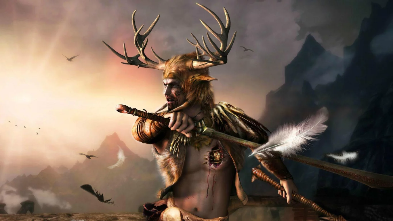 мужчина, the elder scrolls, оружие, шлем, skyrim, рога, броня